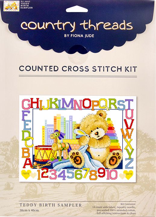 Country Threads  Teddy Birth Sampler Cross Stitch Kit